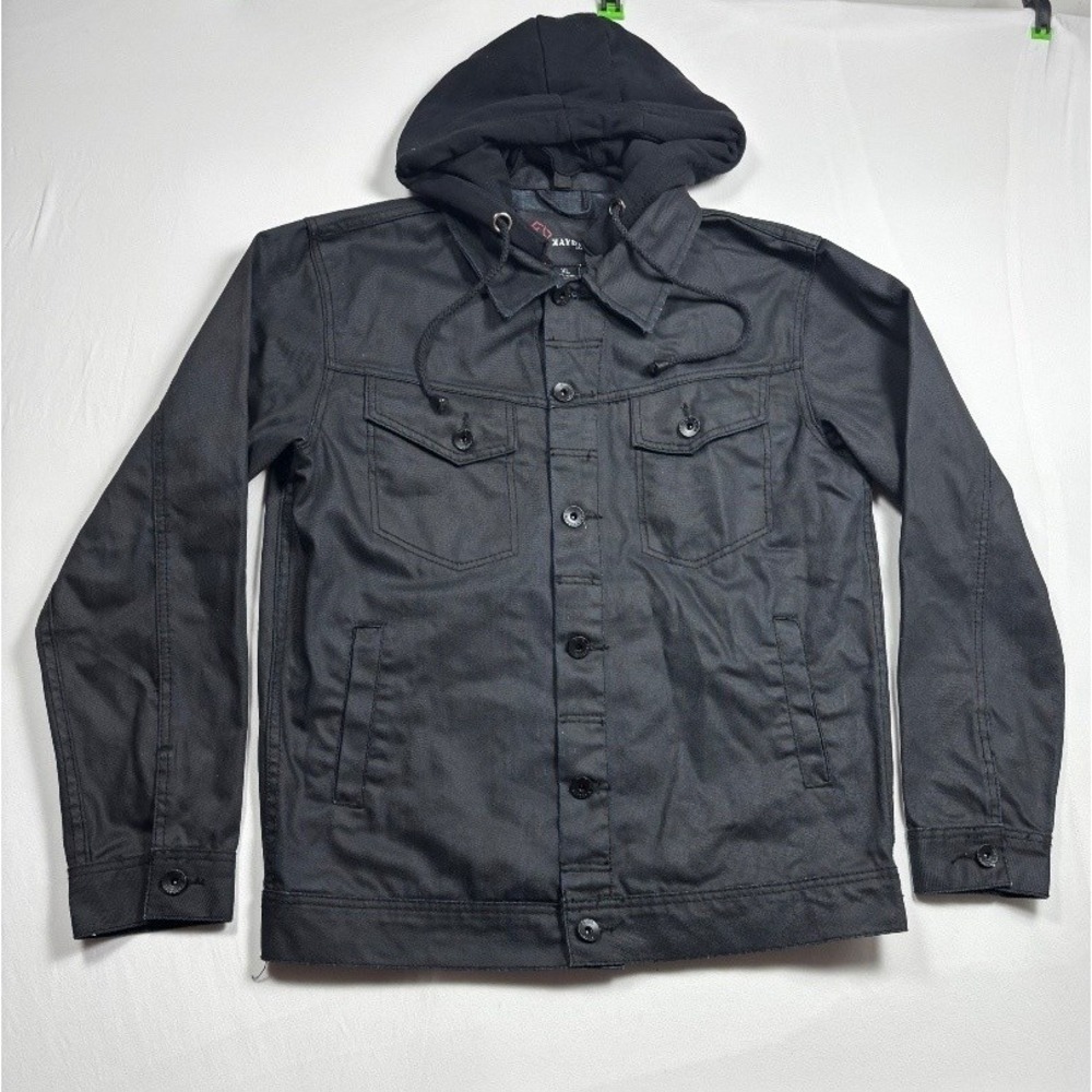 Kayden K Men's Waxed Look Black Hooded Denim Jacket Cotton Button Front XL
